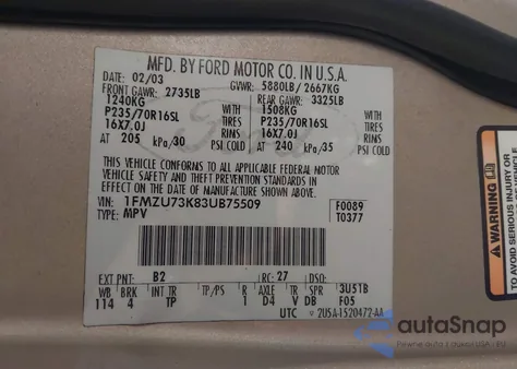 2003 Ford Explorer Nbx/Xlt z USA, uszkodzony, nr VIN 1FMZU73K83UB75509